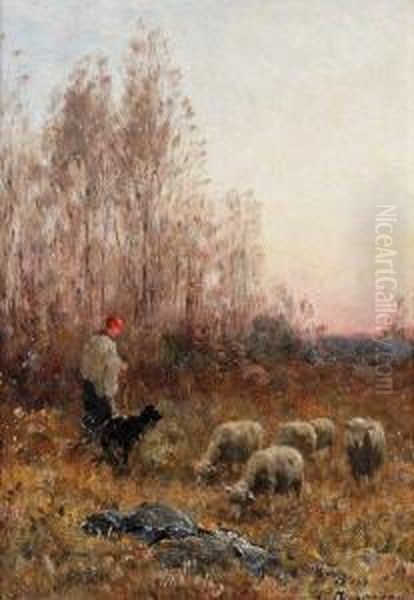 Bergere Et Ses Moutons A Barbizon Oil Painting by Jean-Ferdinand Chaigneau