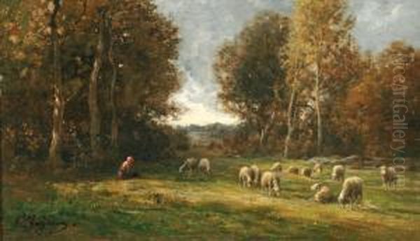  Bergere Et Son Troupeau Au Bas Breaubarbizon  Oil Painting by Jean-Ferdinand Chaigneau