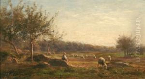  Bergere Et Ses Moutons Plaine Del'angelus  Oil Painting by Jean-Ferdinand Chaigneau