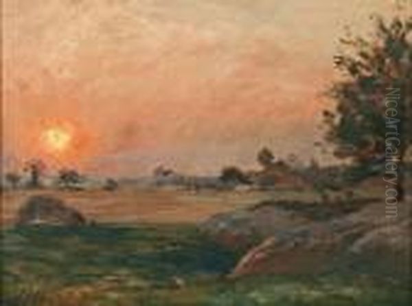 Coucher De Soleil A Barbizon Oil Painting by Jean-Ferdinand Chaigneau