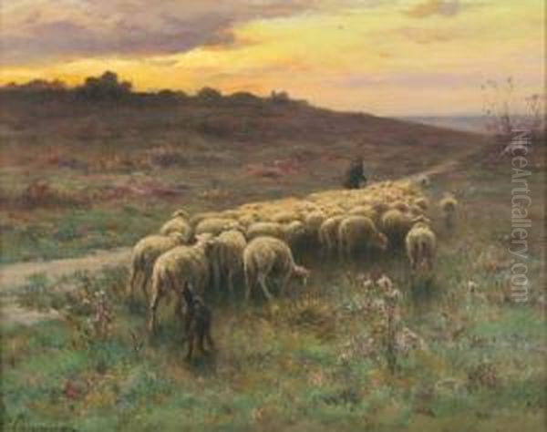 La Plaine De Barbizon, Au Soleilcouchant Oil Painting by Jean-Ferdinand Chaigneau