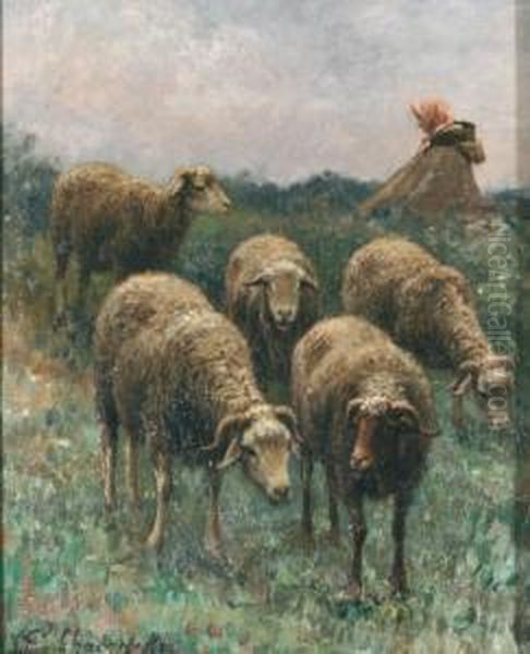 Bergere Et Ses Moutons Oil Painting by Jean-Ferdinand Chaigneau