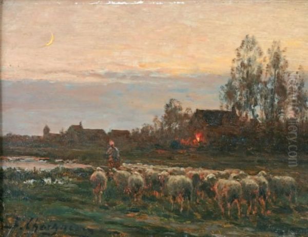 Troupeau De Moutons Le Soir Devantchailly Oil Painting by Jean-Ferdinand Chaigneau