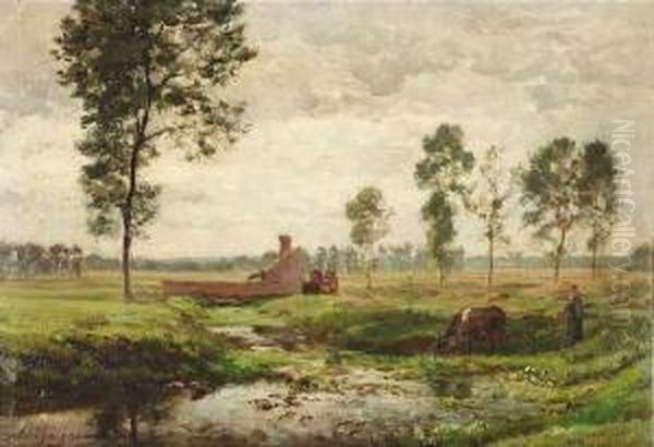 A Summery Pasture. Oil/panel, Signed Oil Painting by Jean-Ferdinand Chaigneau