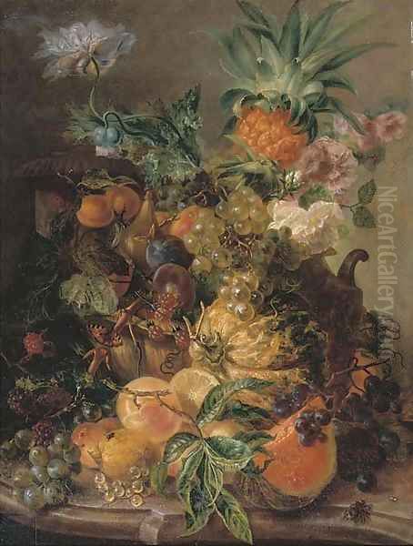 Peaches, plums, grapes, lemons, a melon, a pineapple and rosehips on a stone ledge with a bee Oil Painting by Paul-Theodor Van Brussel