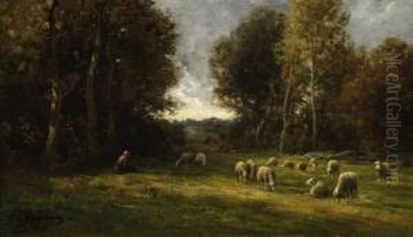 Shepherdess With Her Sheepherd In A Forest Glade Oil Painting by Jean-Ferdinand Chaigneau