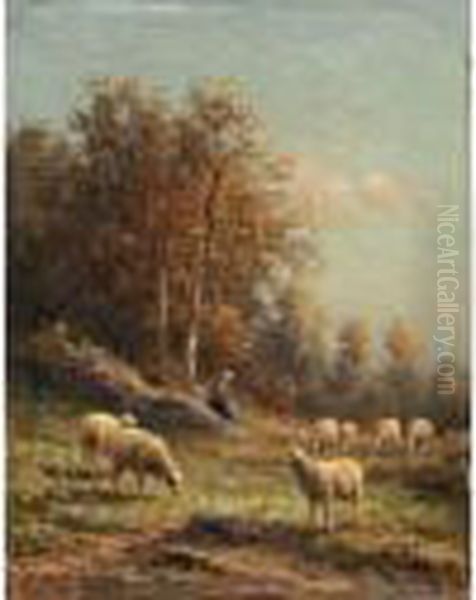 Bergere Et Moutons Aupaturage Oil Painting by Jean-Ferdinand Chaigneau