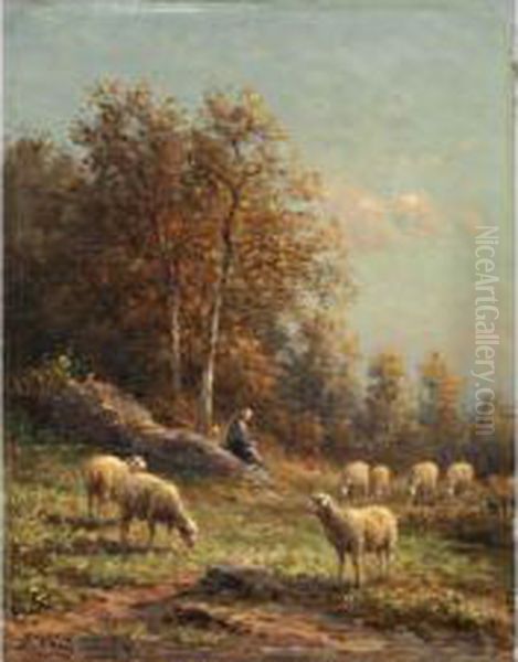 < Bergere Etmoutons Au Oil Painting by Jean-Ferdinand Chaigneau