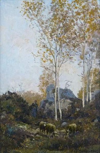 Paysage Et Moutons Dans Les Rochers De Fontainebleau Oil Painting by Jean-Ferdinand Chaigneau