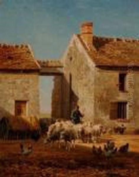 Le Retour Du Berger Et Ses Mouton Oil Painting by Jean-Ferdinand Chaigneau