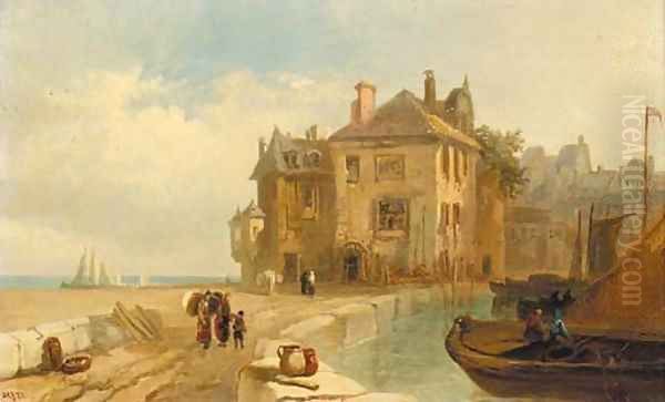 Figures carrying sacks on a French harbour wall; and Figures unloading a boat at low tide Oil Painting by Pierre Le Boeuff