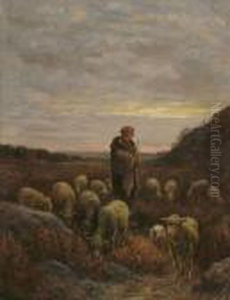 A Shepherd And His Flock, Sunset Oil Painting by Jean-Ferdinand Chaigneau