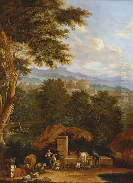 Drovers with cattle at a fountain in an Italianate landscape Oil Painting by Pieter Bout