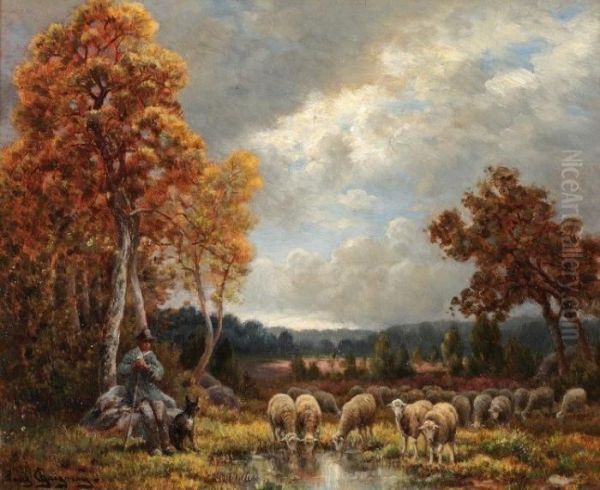 Berger Et Ses Moutons Pres De Barbizon Oil Painting by Paul Chaigneau