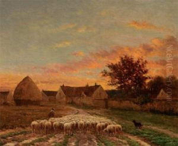 Le Grand Troupeau Au Soleil Couchant Achailly Oil Painting by Paul Chaigneau