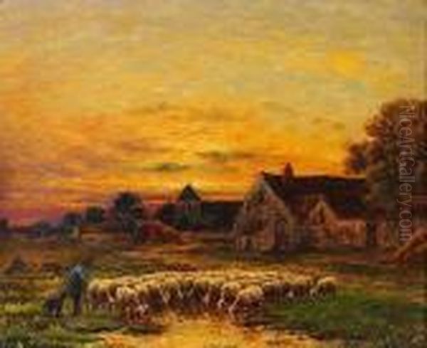 Berger Et Son Troupeau De Moutons Au Soleil Couchant Oil Painting by Paul Chaigneau