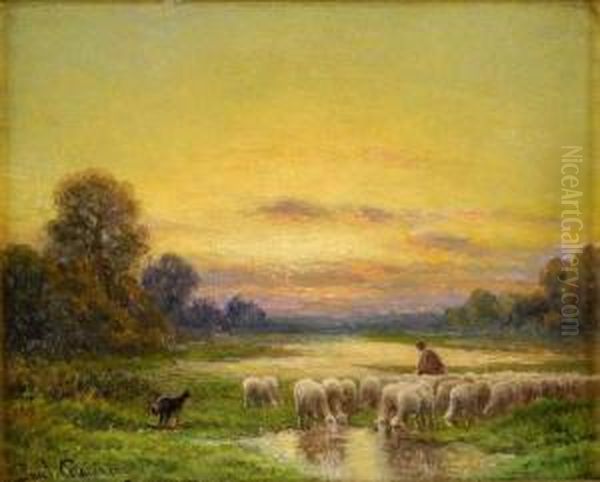 Berger Et Son Troupeau Au Soleil Couchant Oil Painting by Paul Chaigneau