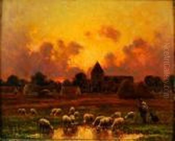 Troupeau De Moutons S'abreuvant Au Coucher De Soleil Oil Painting by Paul Chaigneau