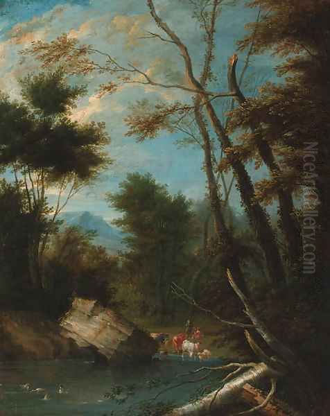 A wooded landscape with shepherds watering cattle and sheep at a pool Oil Painting by Pieter Bout