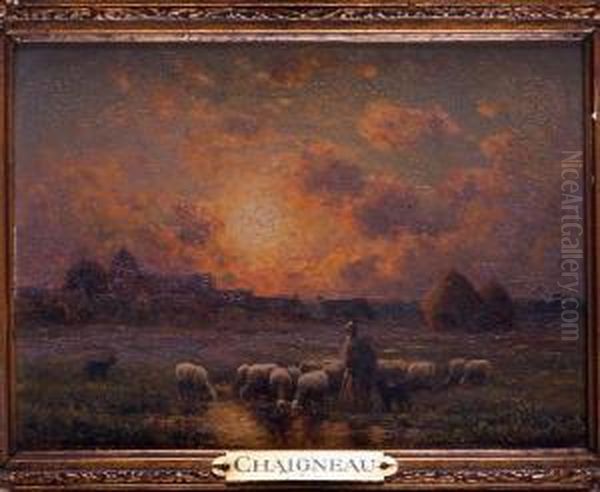 Berger Et Ses Moutons Au Soleilcouchant Oil Painting by Paul Chaigneau