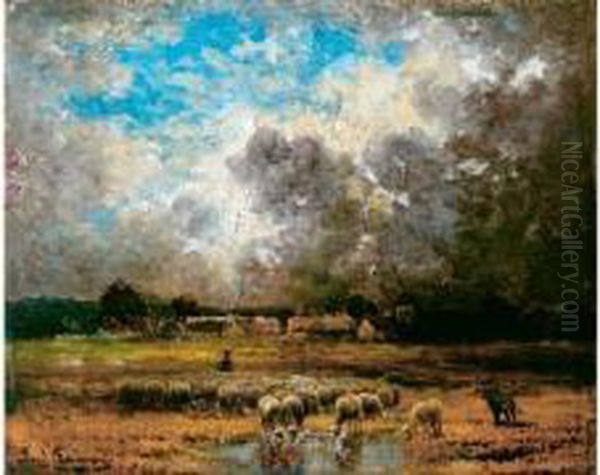 Berger Et Troupeau De Moutons Sous Un Ciel Orageux Oil Painting by Paul Chaigneau