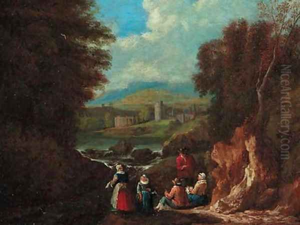 A wooded landscape with washerwomen at a riverside Oil Painting by Pieter Bout