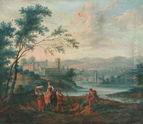 Muleteers and shepherds on tracks in riverlandscapes Oil Painting by Pieter Bout