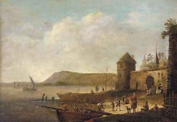 A coastal inlet with figures on the shore near a town Oil Painting by Pieter Bout