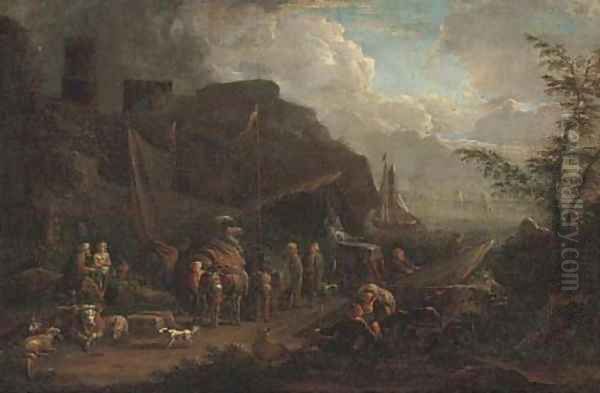 A harbour scene with stevedores on the shore Oil Painting by Pieter Bout