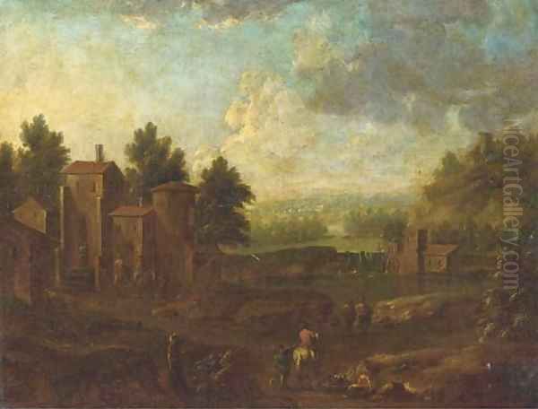 A river landscape with figures on a track, a village beyond Oil Painting by Pieter Bout