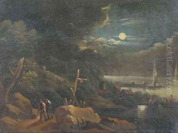 A coastal landscape by moonlight with travellers on a path and figures in a rowing boat Oil Painting by Pieter Bout