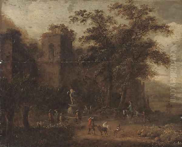 A wooded landscape with shepherds conversing by a fountain, classical ruins beyond Oil Painting by Pieter Bout