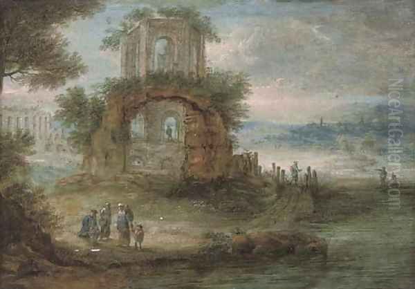 A wooded river landscape with travellers at rest by classical ruins Oil Painting by Pieter Bout