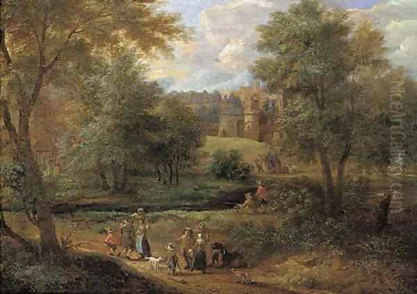 A Wooded River Landscape With Travellers On A Path And Anglers By A River, A Town Beyond Oil Painting by Pieter Bout