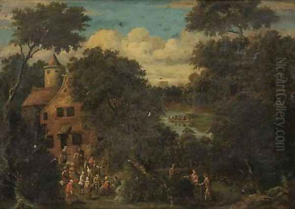 A wooded river landscape with villagers gathered in the foreground Oil Painting by Pieter Bout