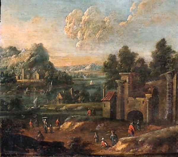 Travellers on a path by a ruined castle Oil Painting by Pieter Bout