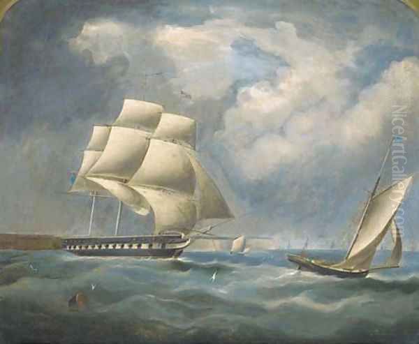 A frigate under reduced rig in the Channel Oil Painting by Thomas Buttersworth