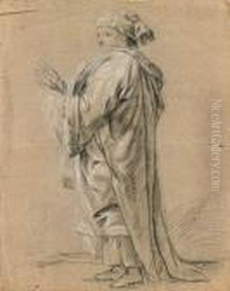 Personnage Drape A L'orientale
 Crayon Noir Et Craie Blanche Sur Papier Beige by Charles Michel-Ange Challe