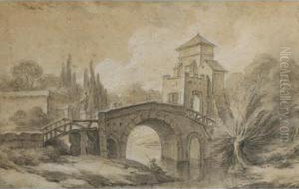 Paysage Au Pont [ ; Landscape With Bridge ; Black Chalk, Heightened With White Chalk] Oil Painting by Charles Michel-Ange Challe