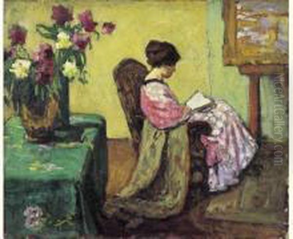 Femme Lisant Dans Un Interieur, Circa 1920. Oil Painting by Jean Laurent Challie