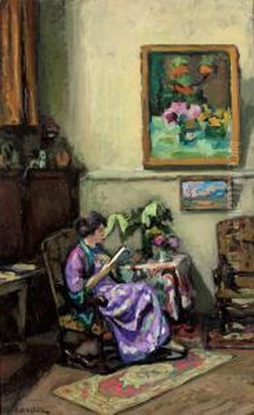 Madame Challie A La Lecture Oil Painting by Jean Laurent Challie