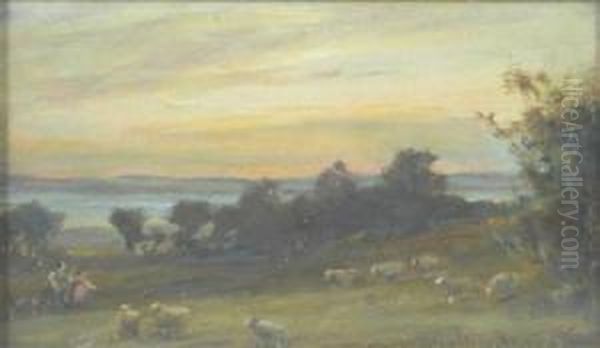 Shephers With Their Flock Oil Painting by Hector Chalmers