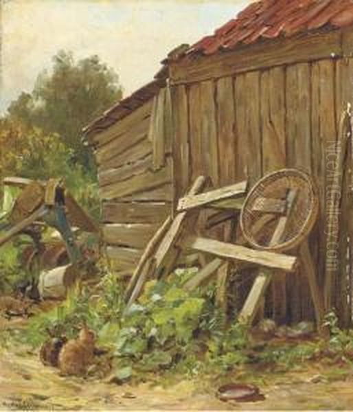 Rabbits Beside A Barn Oil Painting by Hector Chalmers