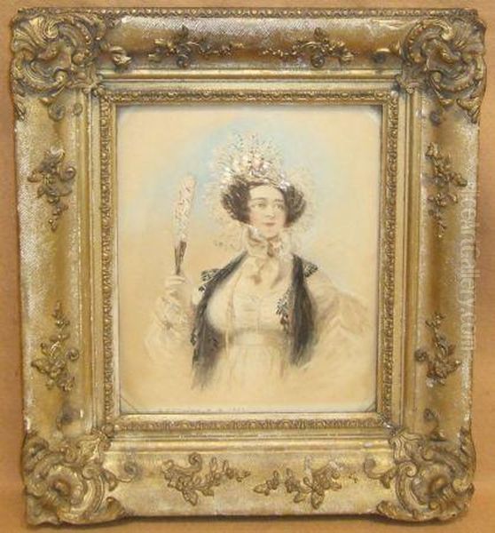 Half-length Portrait Of A Lady Holding Afan Oil Painting by Alfred-Edward Chalon