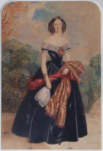 Portrait Of A Victorian Beauty Wearing Lace Trimmedblack Dress Oil Painting by Alfred-Edward Chalon