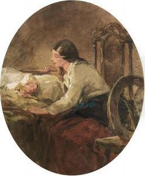 Mother And Child By A Spinning Wheel Oil Painting by Alfred-Edward Chalon