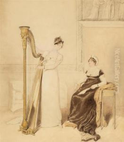 Portrait Of Lady Playing The Harp And Lady With A Letter. Oil Painting by Alfred-Edward Chalon