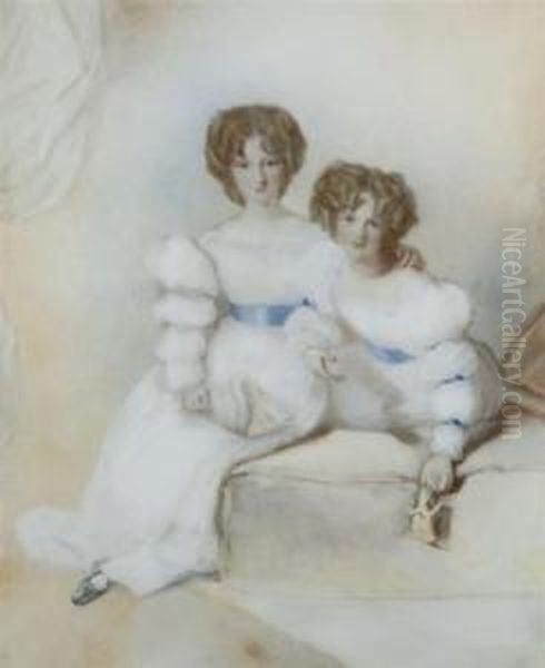 A Double Portrait Of Two Sisters, Both In White Gowns Oil Painting by Alfred-Edward Chalon