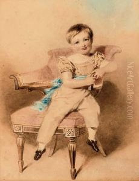 Portrait Of A Boy, Seated, Wearing A Blue Sash Oil Painting by Alfred-Edward Chalon