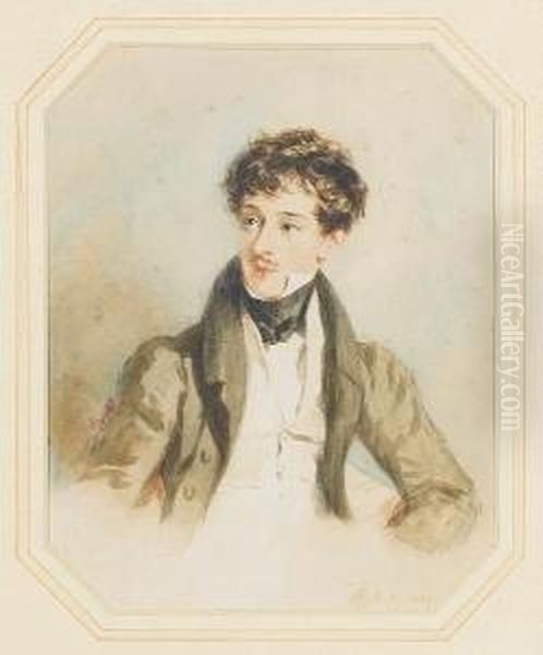 A Young Gentleman, Wearing Grey Coat, White Waistcoat And Black Stock. Oil Painting by Alfred-Edward Chalon